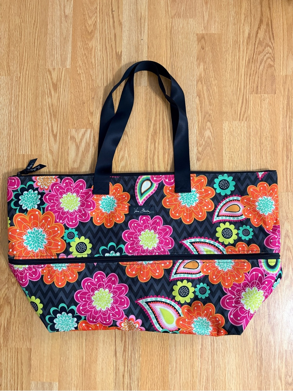 Vera Bradley Black Tote with Pink, Orange, Teal & Lime Floral Print